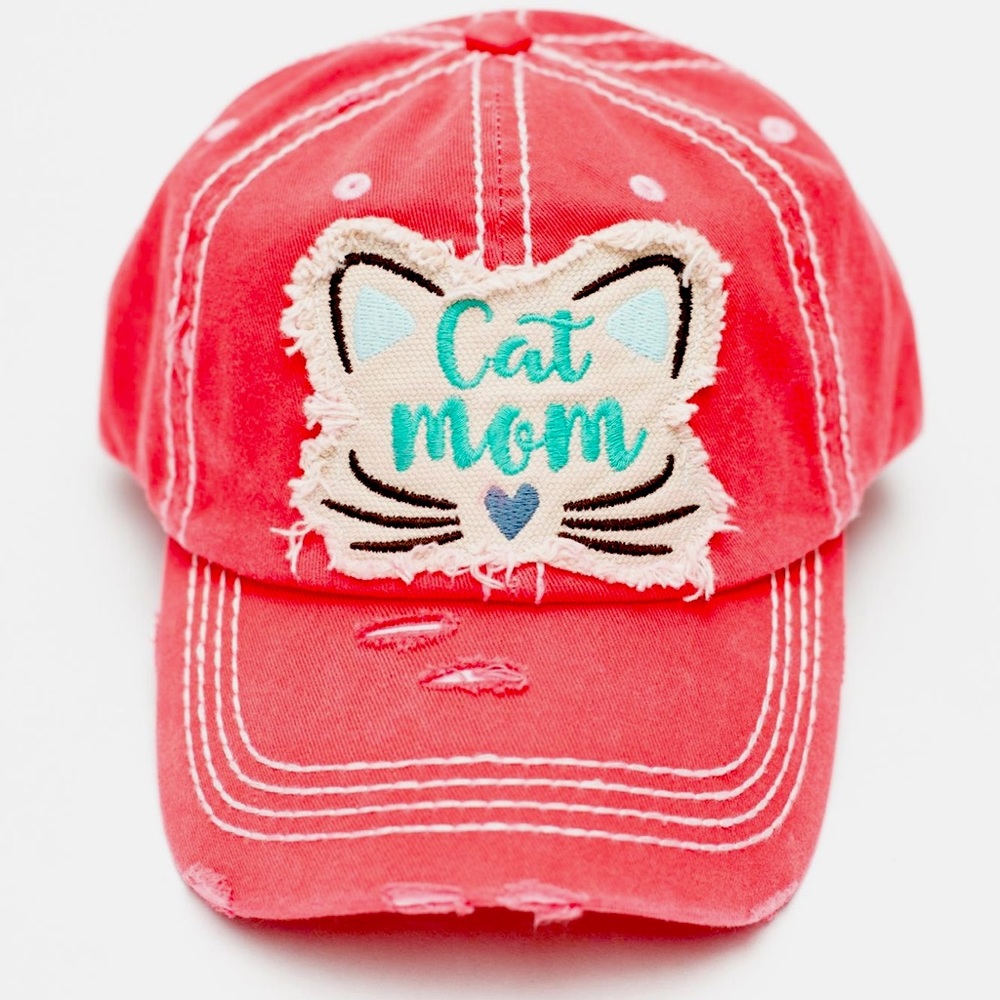 Coral Vintage Distressed Cat Mom Cap